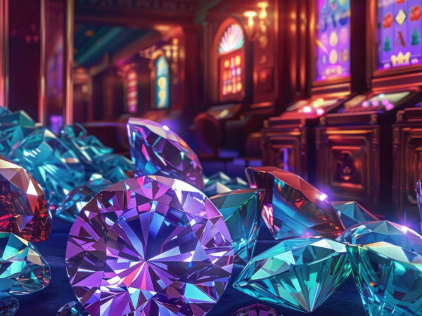 Vibrant crystals inside luxurious casino setting - These sparkling crystals are set against a backdrop of a rich casino interior with stained glass details