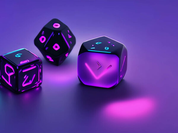Glowing black dice on purple background