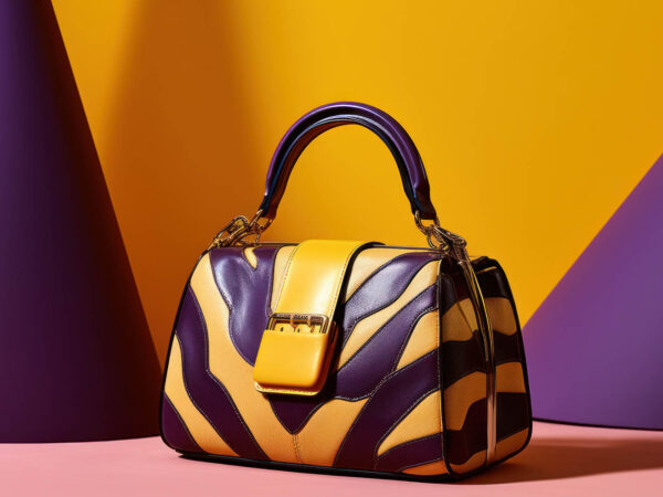 a purple and yellow handbag is sitting next to a yellow backgrou