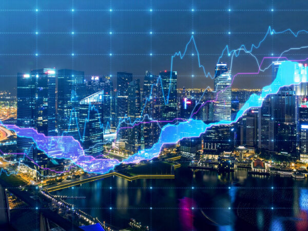 Panoramic evening New York with the digital financial chart overlayed.