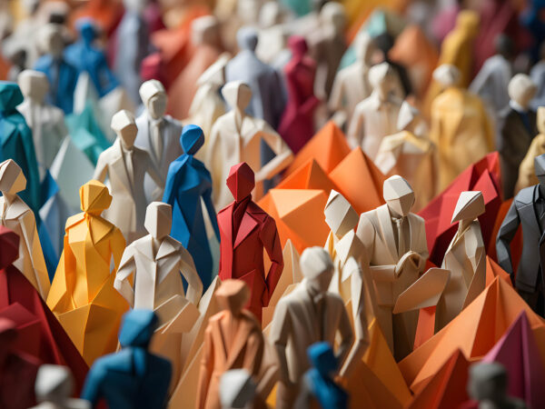 Large crowd of diverse people in origami form