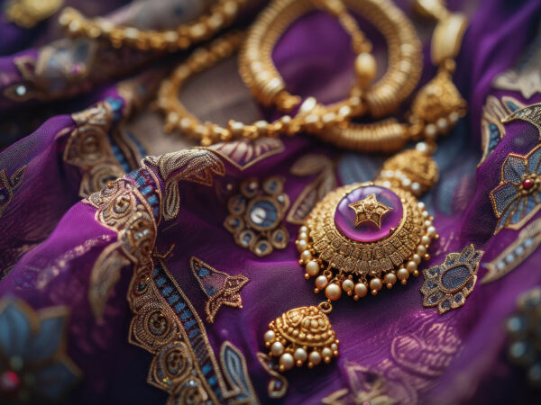 gold necklace and earring on purple saree