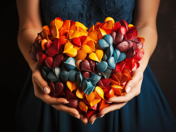 Holding colorful hearts in the hands