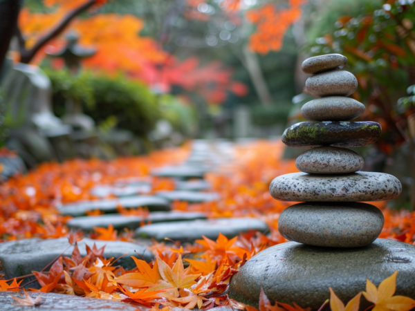 Zen garden with stacked stones and orange leaves